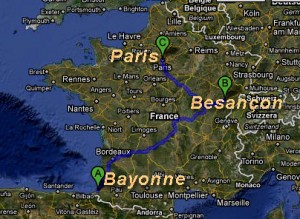 Roteiro da Viagem: de Paris a Besançon, depois de volta a Paris para ir a Bayonne e Pau. O trajeto foi percorrido de trem.